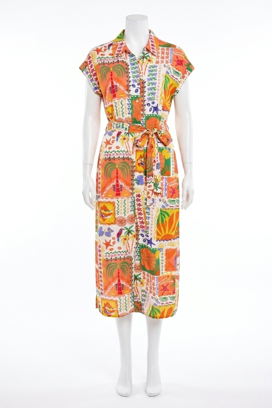 NEW TRIBAL crosshatch button-front belted midi dress in guava blush